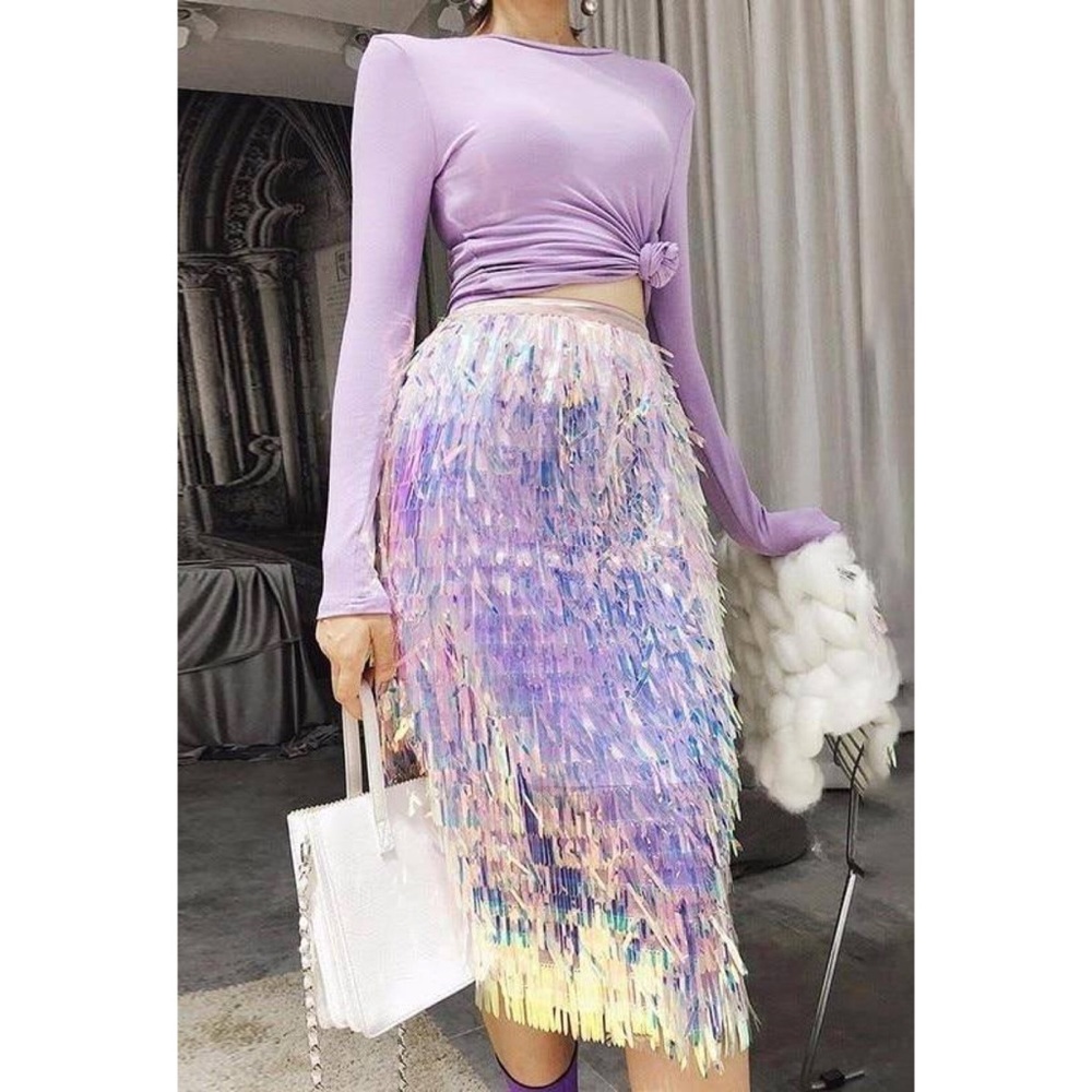 New Pink Tassel Sequins Midi Skirt